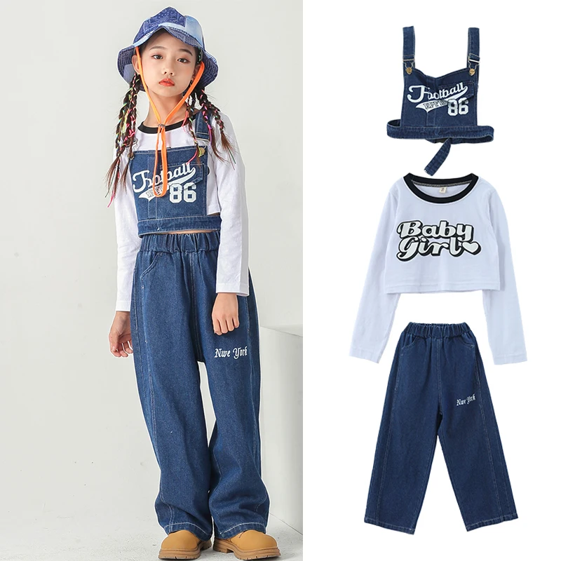 

Wear Children'S Performance Catwalk Hip Hop Clothing Girls Denim Suit Jazz Dance Costumes Navel Loose Vest Street Dance