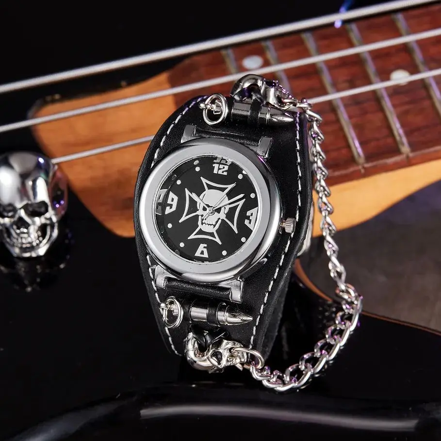 Hot New Men Punk Skull Black Leather Bracelet Wrist Watches Watch Hours for Men Relogio Masculino