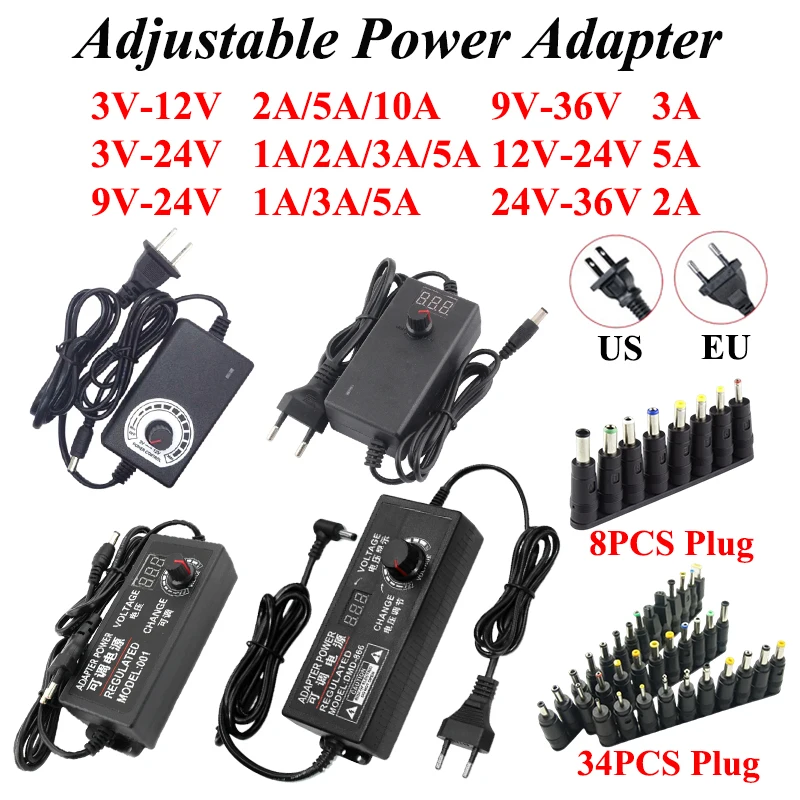 

Adjustable Power Supply Adapter AC 220V 110V TO DC 3V 9V 12V 24V 36V Universal Adapter 220 110 V TO 12 24 V With 8 Plug 34 Plug
