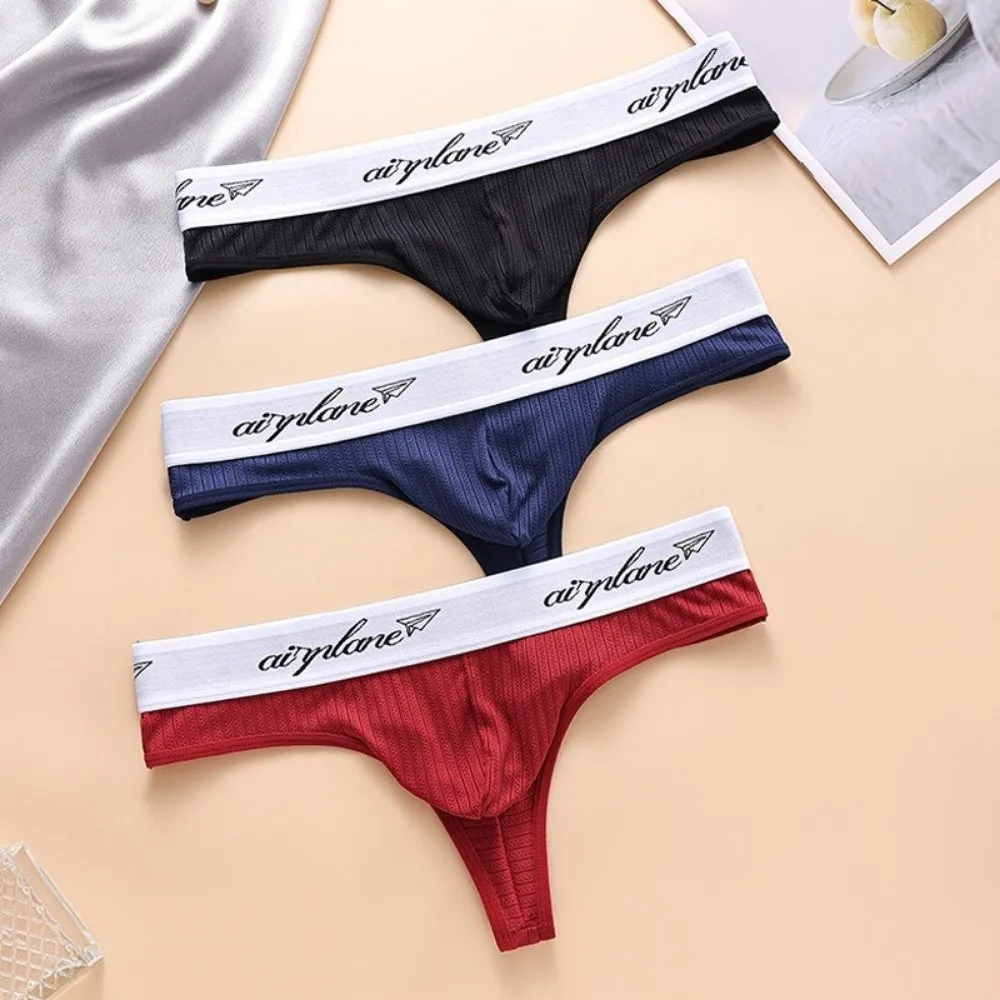 Letter Design T-back Bikini Briefs Breathable Lingerie Thong Male Patchwork Low Waist Triangle Panties Sports