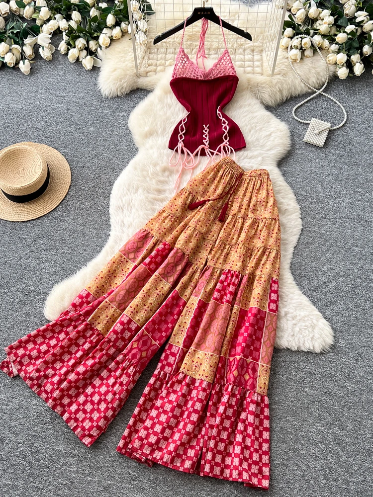 

Летний вязаный комплект из топа с открытыми плечами и широких брюк с высокой талией, модный женский ансамбль для стройности фигуры