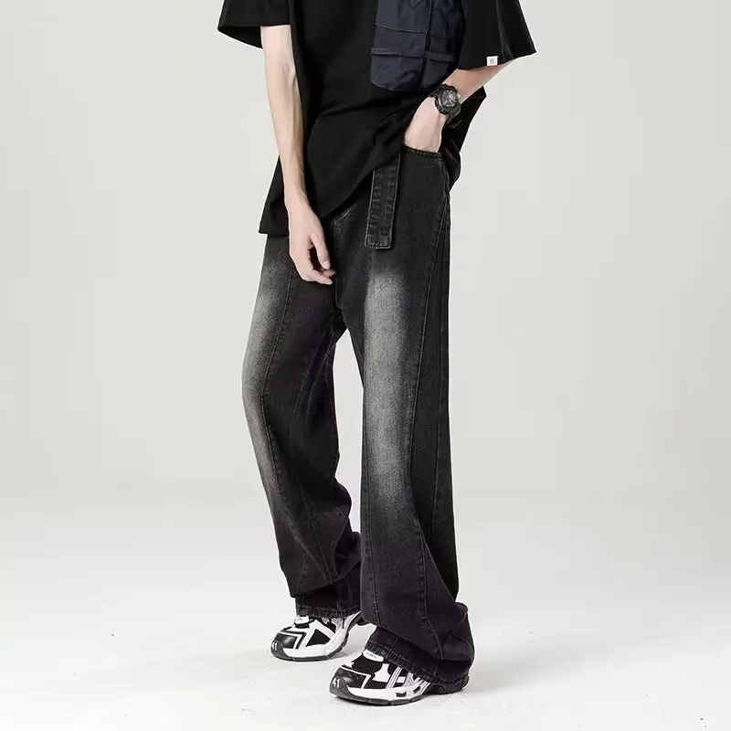 

American Retro adient Men's Jeans High Street Straight Leg Loose Fit Long Trousers Trendy Casual Cotton Harajuku Sle