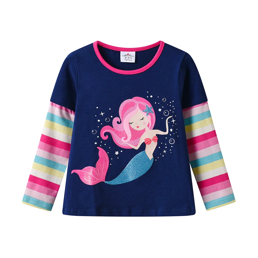 VIKITA Mädchen Langarm Baumwolle Casual Tops und T-Shirts Kleinkinder Meerjungfrau Cartoon Print Marineblau Frühling Herbst Täglich Niedliche Kleidung – Detail 2