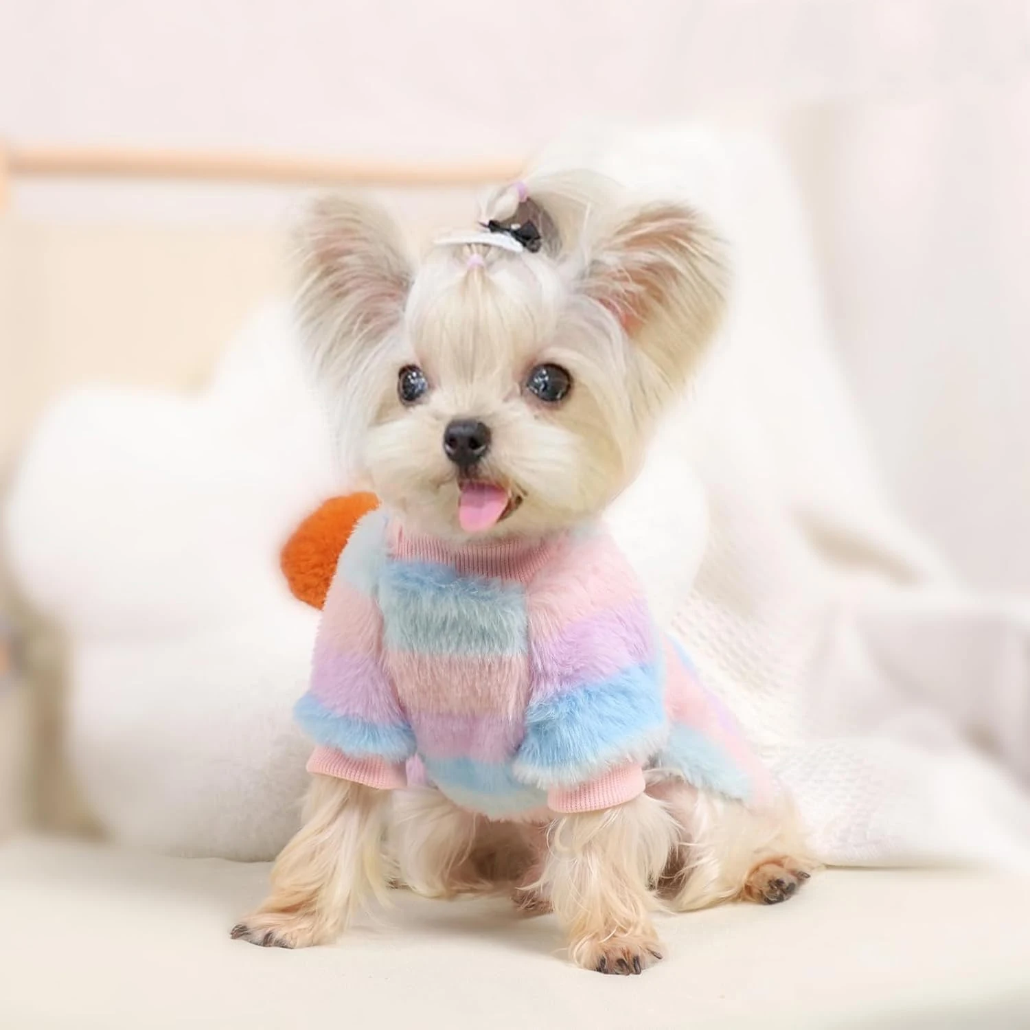 Princess Dog Dresses for Small Dogs Girl, Winter Puppy Sweater Clothes Rainbow Striped Warm Fleece Pet Dress Skirt Cat Apparel