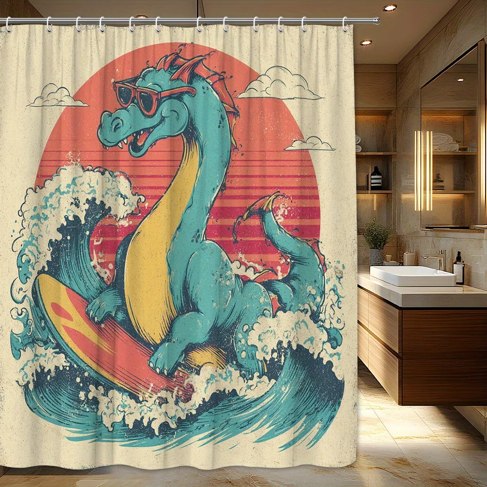 

Цельная занавеска для душа с изображением серфинга-дракона — винтажный стиль поп-арт, голубой дракон с очками для верховой езды и доски для серфинга, занавеска для душа