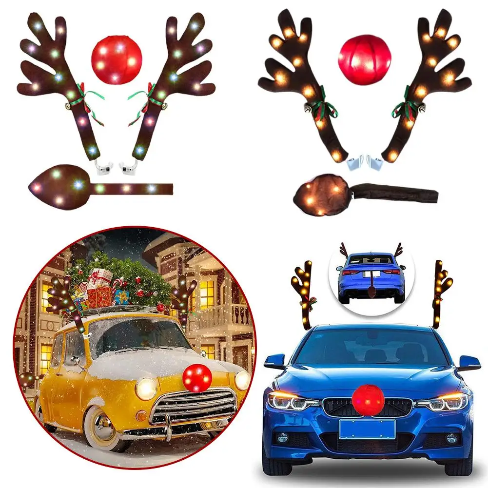 4pcs Christmas Auto Reindeer Antlers LED Ambiance Lights Adorn Cute Car Plush Moose Exterior Decorative Accessories Holiday Gift