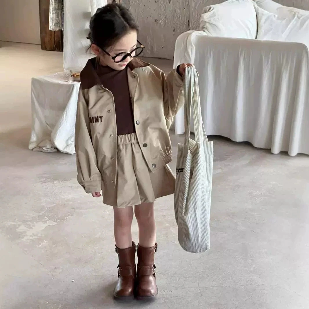 Girls Autumn Korean High-end Short Jacket Pleated Skirt Children Loose Baseball Jacket 2025 New Children Spring Autumn Set