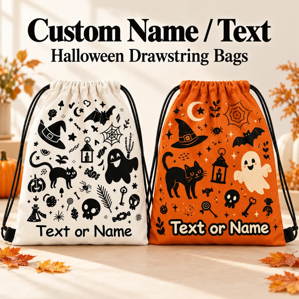 1Pc Custom Name/Text Drawstring Closure Backpack, Ghost Witch Hat Black Cat Design Gift Storage Bag,Suitable for Halloween Party