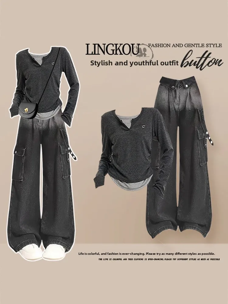 

Антивозрастной модный комплект в корейском стиле для ранней осени: джинсы с градиентом и повседневная футболка с круглым вырезом, большие размеры