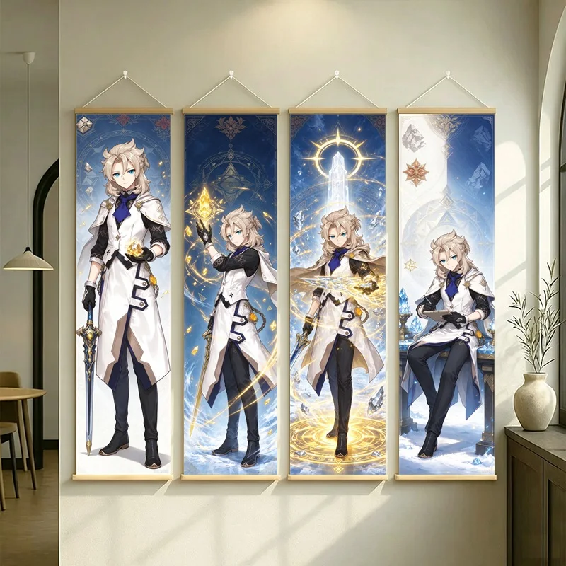 Hanging Scroll Wall Art of Genshin Impact Albedo with Blue and Gold Motifs, Silver Shimmer Canvas for an Anime Bedroom
