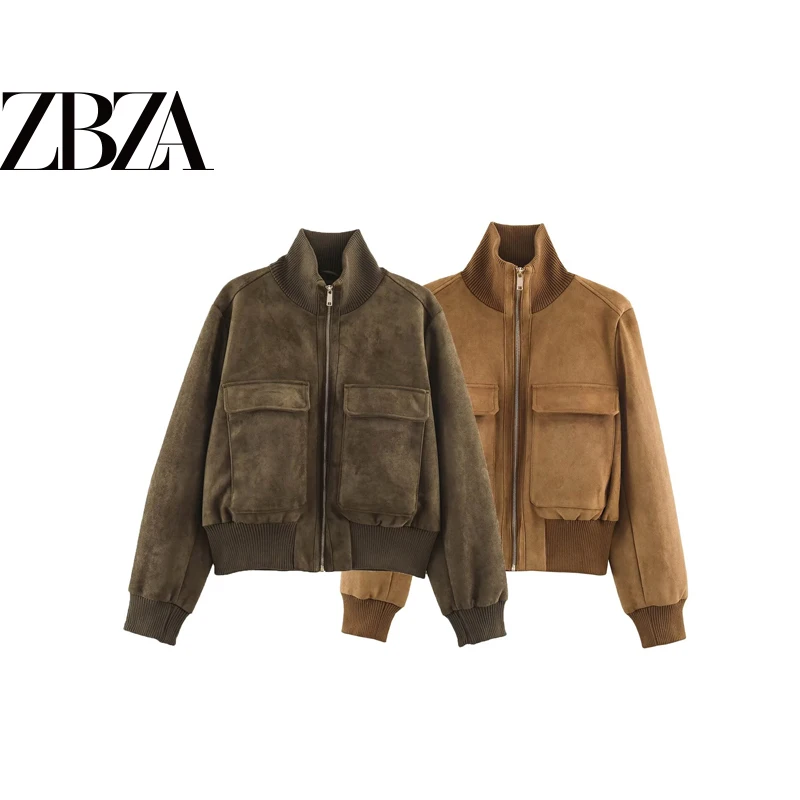 Fashionable ZR Wind Women's Jacket Large Pocket Faux Suede Coat Stylish Versatile Outerwear Polyester Fiber Ball Jacket
