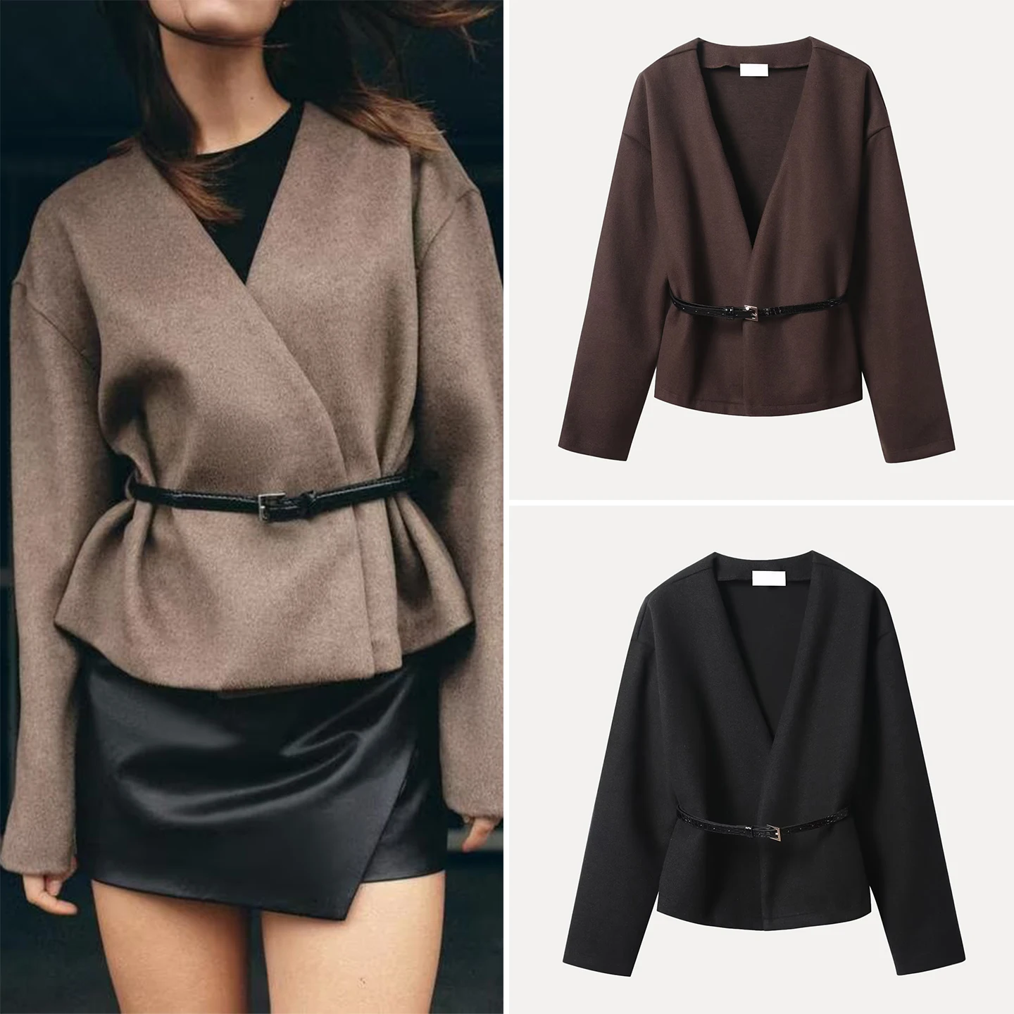 

Женское модное пальто Z 2025 года, весеннее, мягкое, свободного кроя, с поясом, индивидуальный пошив, с длинными рукавами, V-образным вырезом