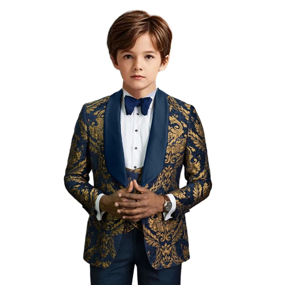 Popular Shawl Lapel Kids Suit 4 Pieces Jacket Vest Pants Bow-tie Gold Floral Pattern Tuxuedo Boys Suit Set For Birthday Party