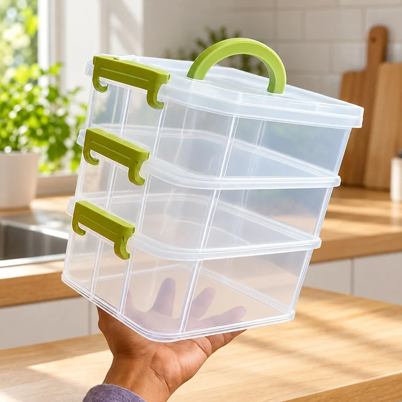 Transparent Plastic Storage Box with Four Sections, Multi-Tiered Drawer Ideal for Small Toys and Building Pieces