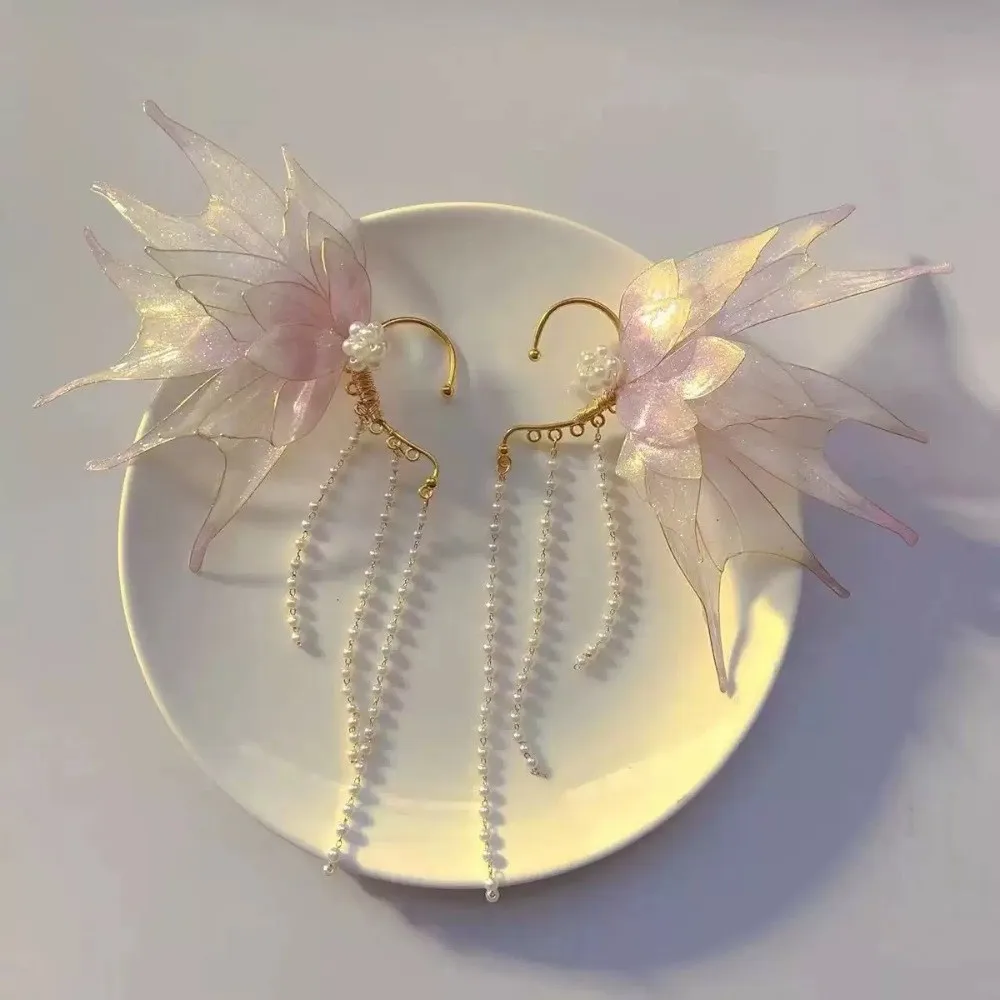 A Pair Pearl Ear Wrap Mermaid Princess Tassel Earrings Ancient Style Hanfu Hair Accessories Children Fairy Elf Ear Cuff