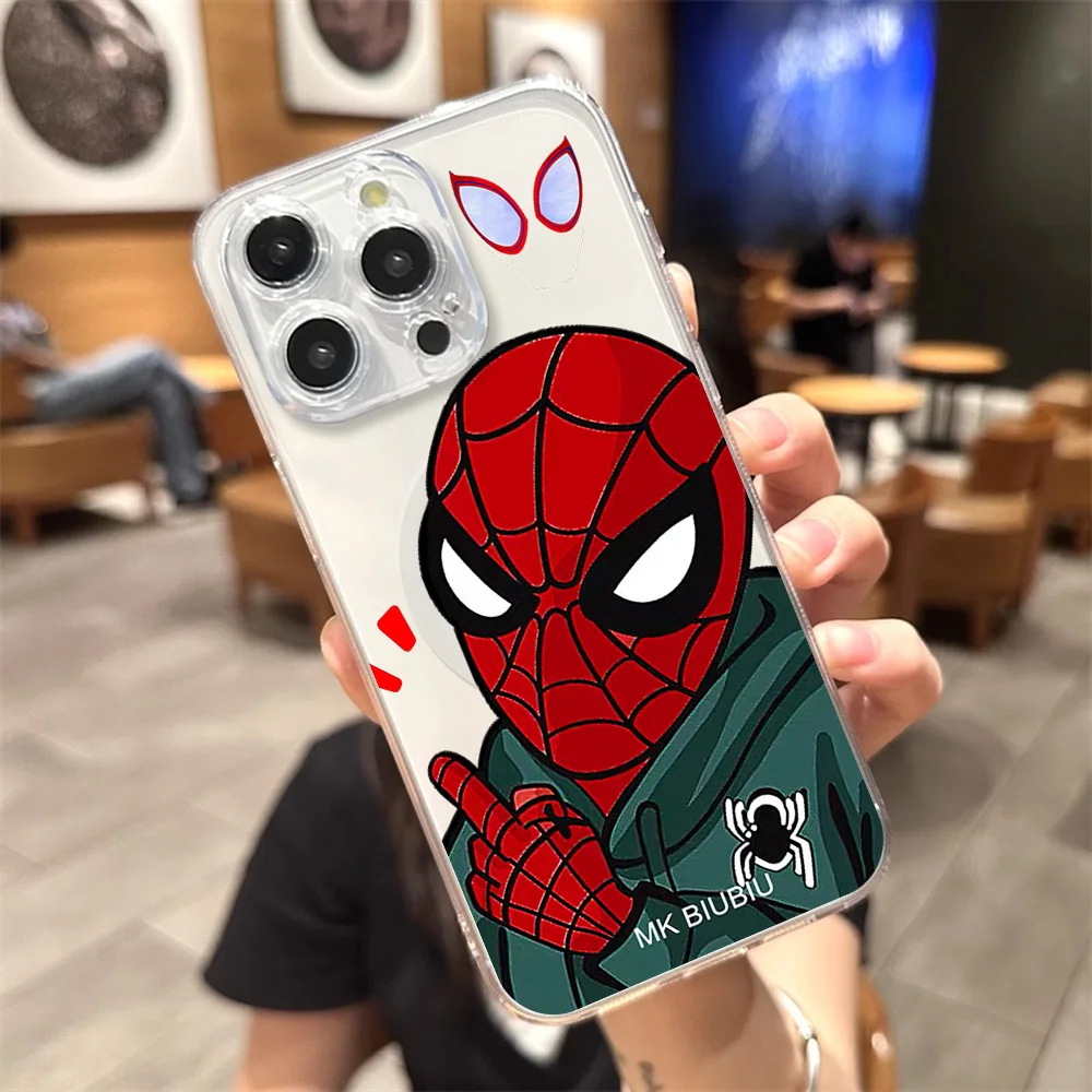 MINISO S-Spider M-Man Phone Case for iPhone 12 11 13 14 15 16 Max Pro Plus Transparent Magsafe Magnetic Wireless Cover