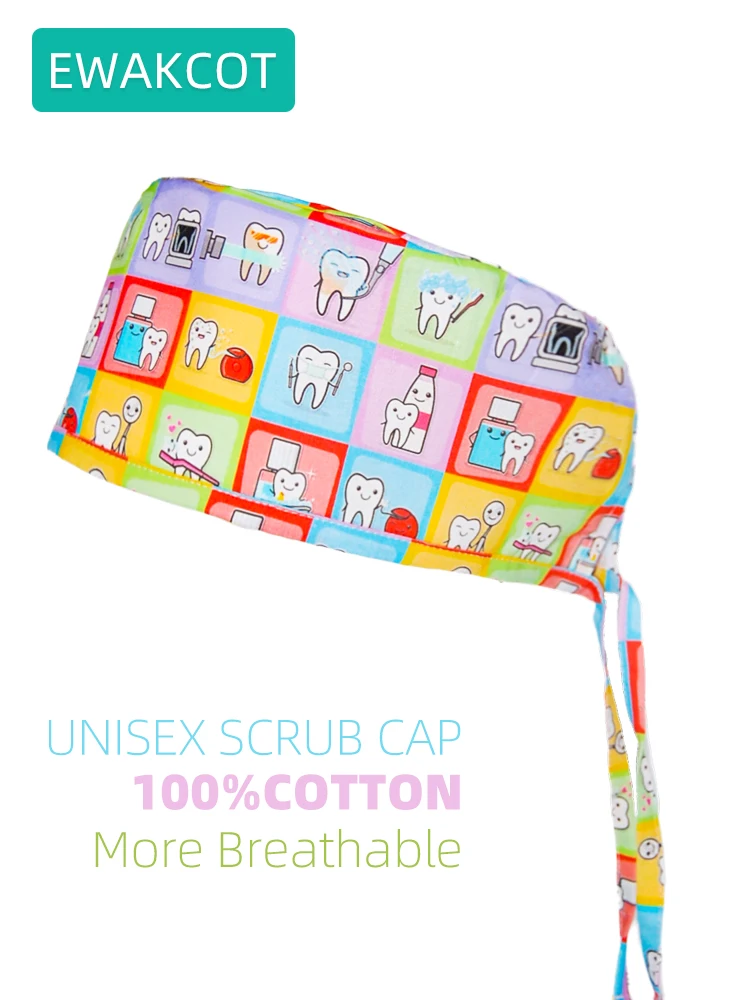 Nowy model czapki chirurgicznej Cartoon Teeth wzór Kobieta mężczyzna Dentysta Praca Scrub Cap Pielęgniarka Czapka Unisex Bawełniana czapka pielęgniarska