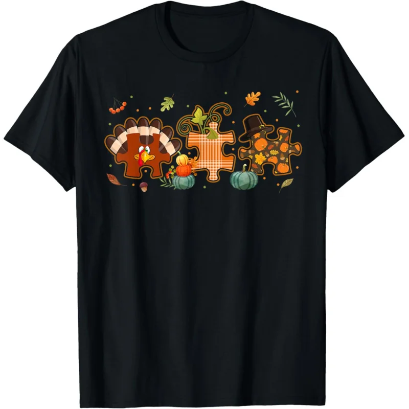 

Cute Turkey Autism Awareness Puzzle Pumpkin Thanksgiving Day T-Shirt