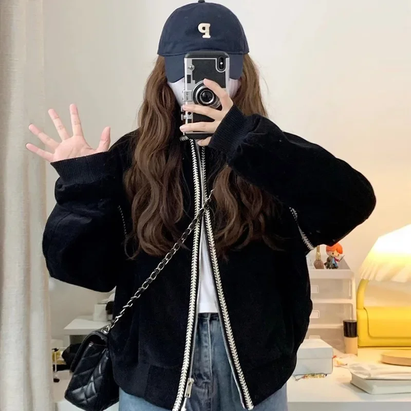 

Черная женская бейсбольная куртка в ленивом стиле с ароматом ветра, весна-осень, новая короткая верхняя одежда, свободное пальто