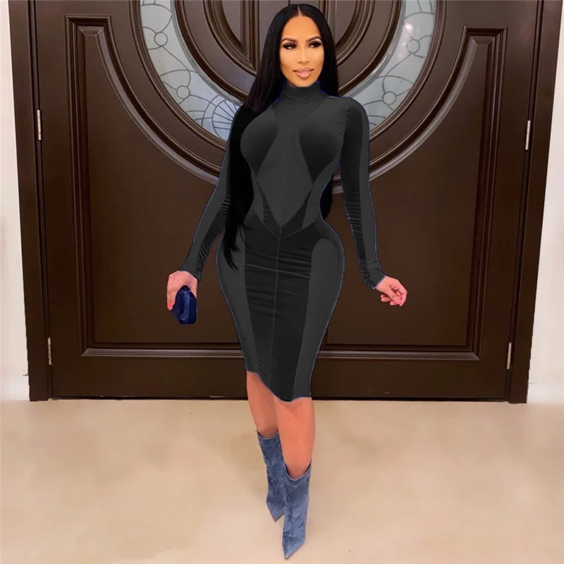 Sexy Mesh Sheer Patchwork Velvet Dress Women Chic Long Sleeve Skinny Party Nightclub Bodycon Midi Dress Rave Festival Outfits