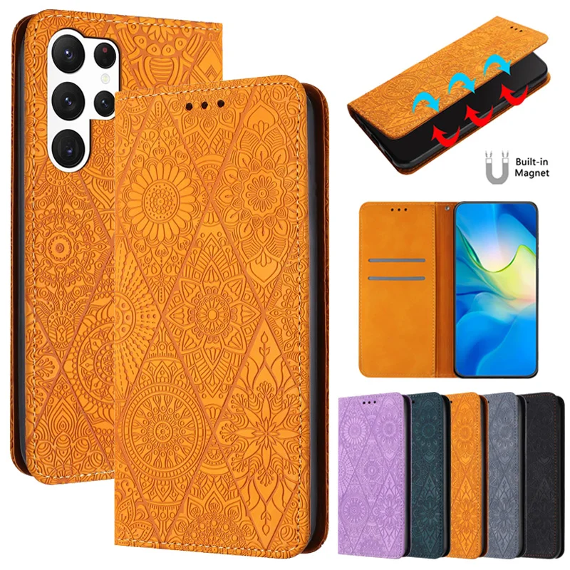 Leather Flip Magnet Phone Cover For Samsung Galaxy S21 S22 S23 Ultra S20 FE S8 S9 S10 Plus S10E Case Retro Mandala Totem Coque