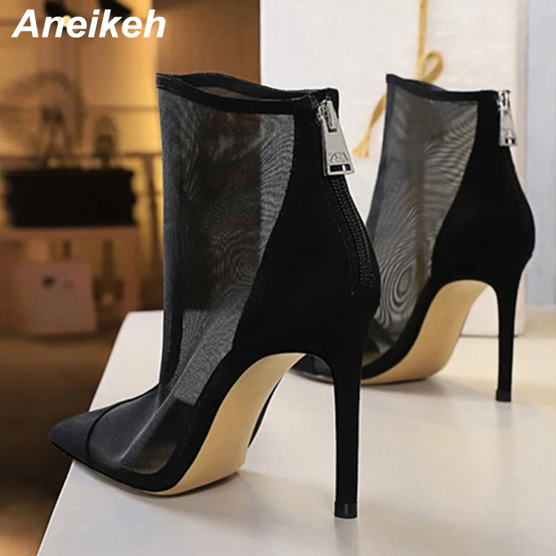 Aneikeh Fashion Spring Ventilation Mesh ANKLE Boots Ladies Pumps 9.5CM Thin Heels Pointed Toe ZIP Solid Women\'s Shoes NEW 2024