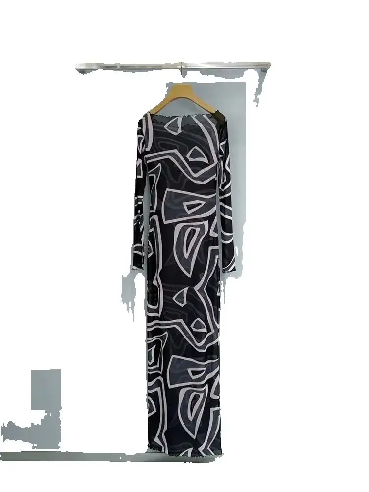 Spring Summer Fashion Thin Style Geometric Print Silk Pencil Long Dress Women's Sexy Translucent Long Sleeve High Waist Dresses