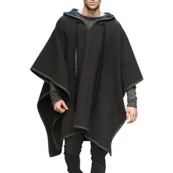 Trendy Vintage Poncho Men Oversized Hooded Irregular Cape Shawl Coat Woollen Blends Pullovers Male Outerwear Drawstring Cloak