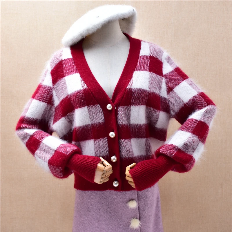 

Ladies Women Autumn Winter Fashion Plaid Angora Rabbit Hair Knitted Long Lantern Sleeves V-Neck Loose Cardigans Sweater Jacket