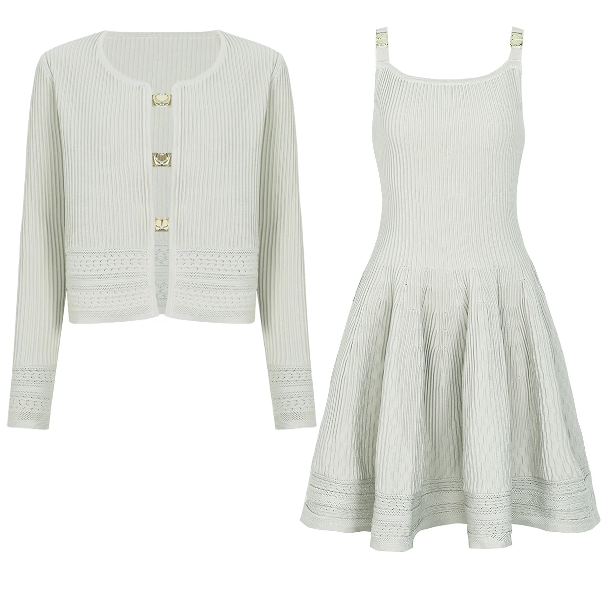 26299 Women Spring Autumn Knitted Two Piece Set Heart Shape Button Hollow Cardigan Slim Camisole Skirt Elegant Outfit