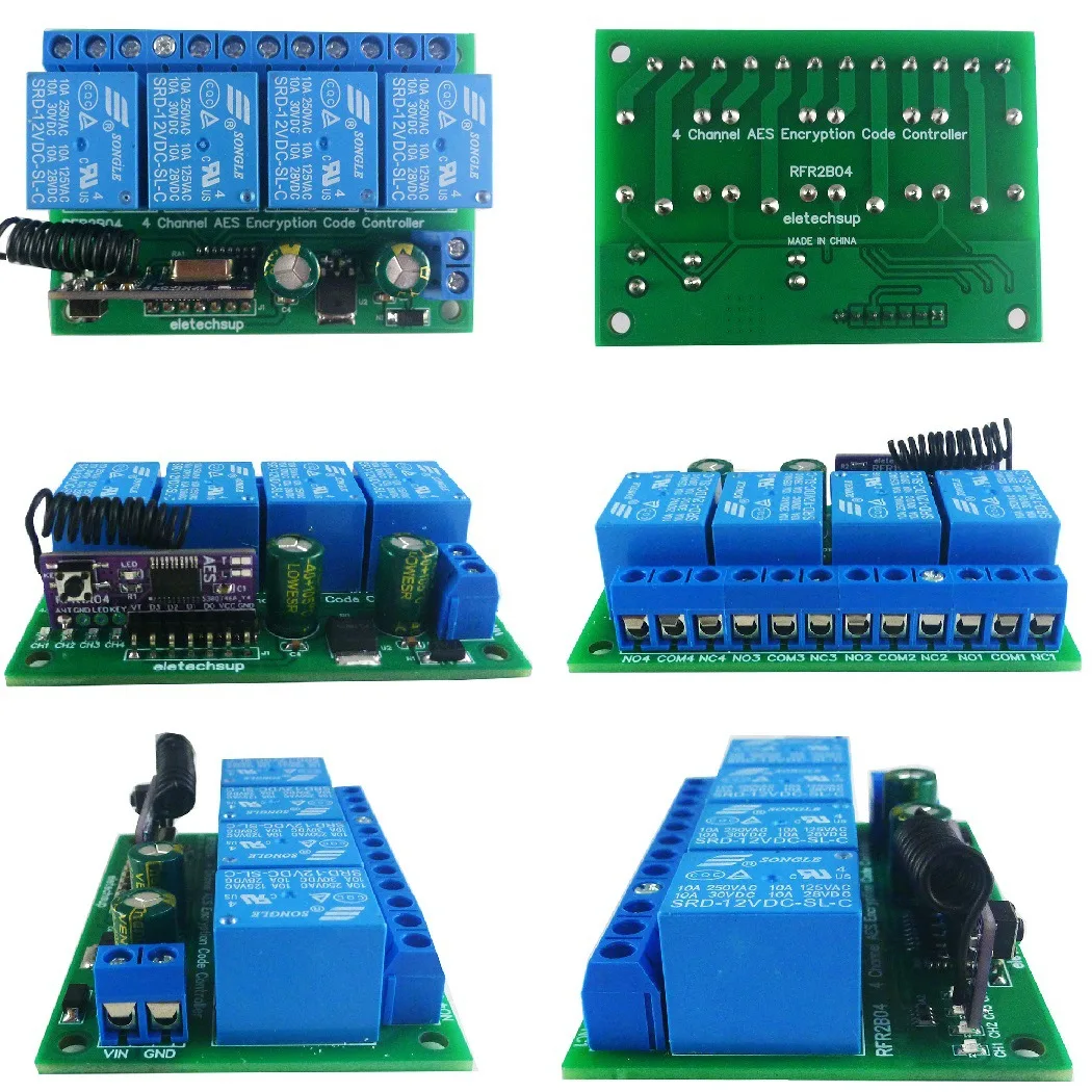 RFR2B04+RFT2D04 DC12V 4 Channel 433M AES Encryption Controller 128 Bit Remote Control Keyfob Transmitter Module for Garage Door
