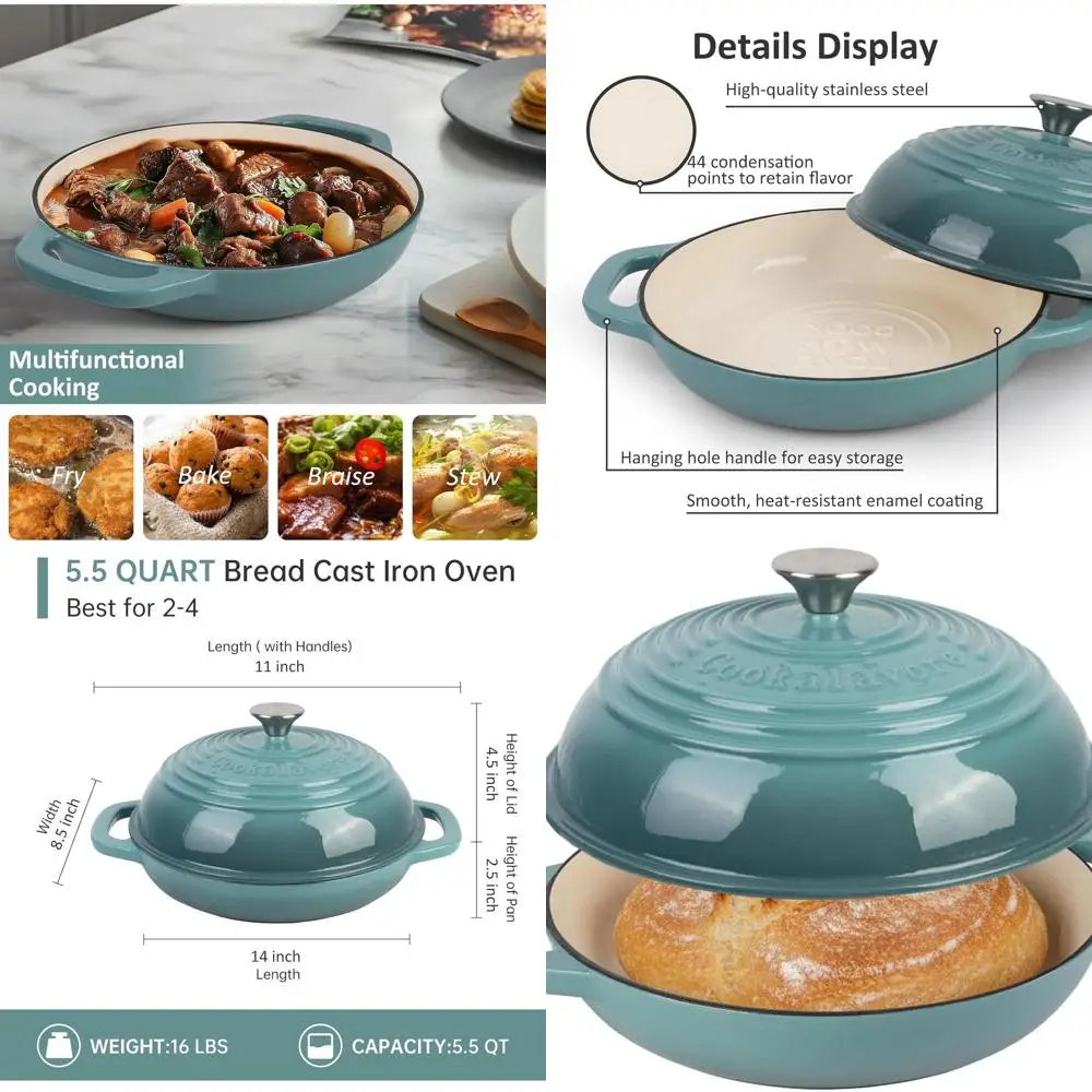 

Эмалированная чугунная голландская духовка — 5QT с антипригарным покрытием для выпечки хлеба, идеально подходит для выпечки на тыкве, буханках, ремесленной выпечки (круглый зеленый)