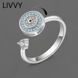 LIVVY Silver Color Swivel Round Evil Eye Open Adjustable Finger Ring For Women Blue Zircon New Luxury Jewelry