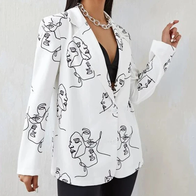 Orange Comic Cartoon Cute Print Blazer Women Jacket Single Button Long Sleeve Elegant Office Lady American Stylish 2021 Autumn