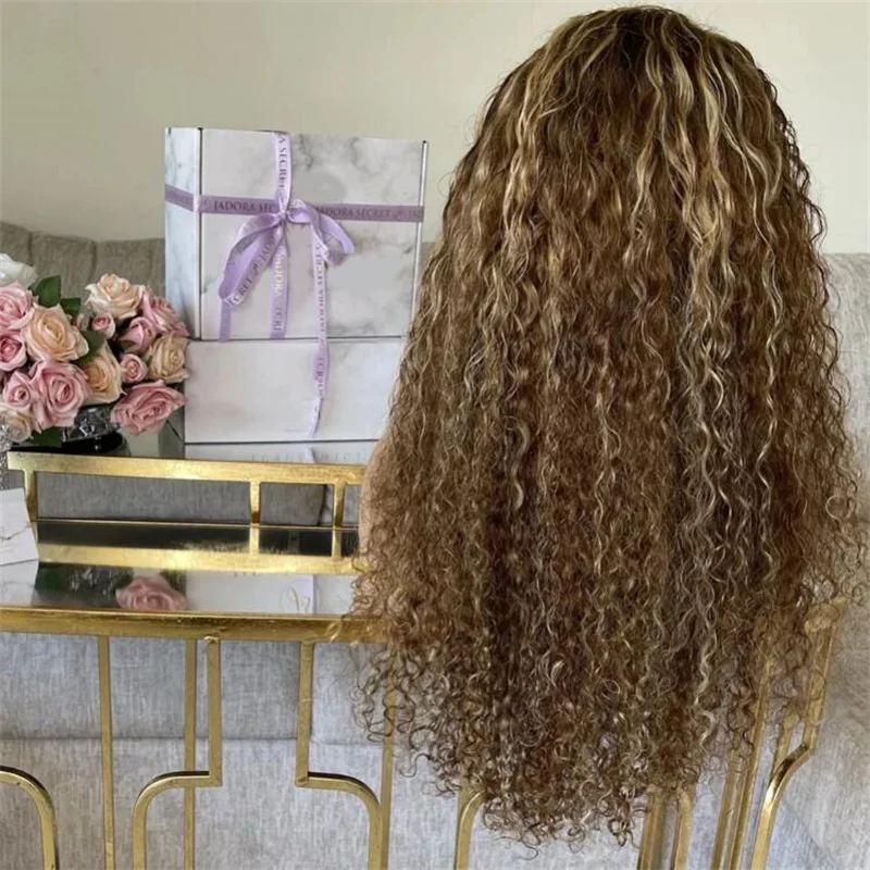 Мягкий Ombre Blonde Kinky Curly 180 Плотность 26 дюймов Длинный парик фронта шнурка для чернокожих женщин с волосами ребенка Предварительно выщипанные натуральные волосы