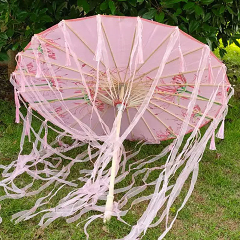 Tassel Decorative Umbrella Chinese Oil Paper Hanfu Umbrella Props Shooting Performance Costume Parasol for Wedding Photograph