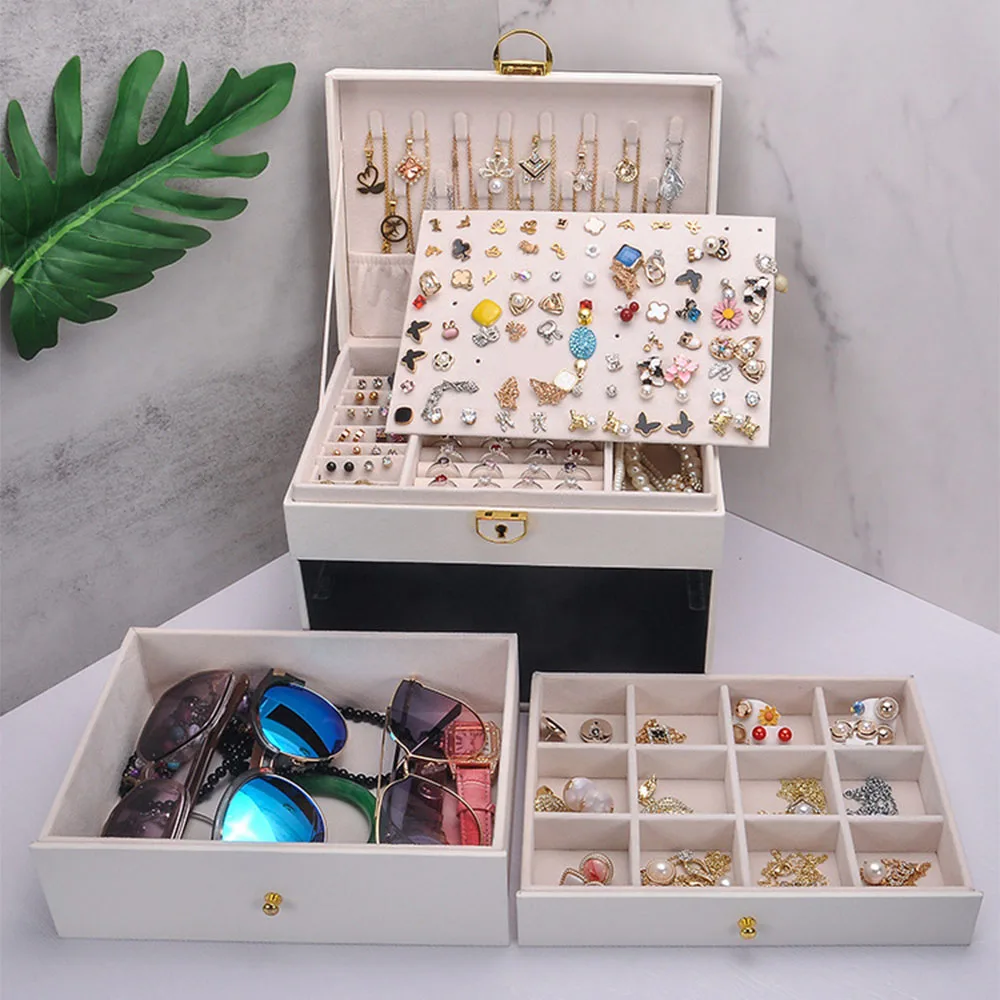 Gold Lock Leather Jewelry Box With 3 Layer Large Capacity Organiser Case Desktop Organising Tool