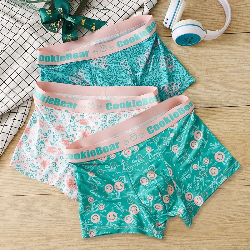 Pantaloncini coordinati in colore U Custodia convessa Stampa in cartone Boxer piatti Biancheria intima sexy in seta ghiacciata Qucik-Dry Mutandine traspiranti Regalo per uomo