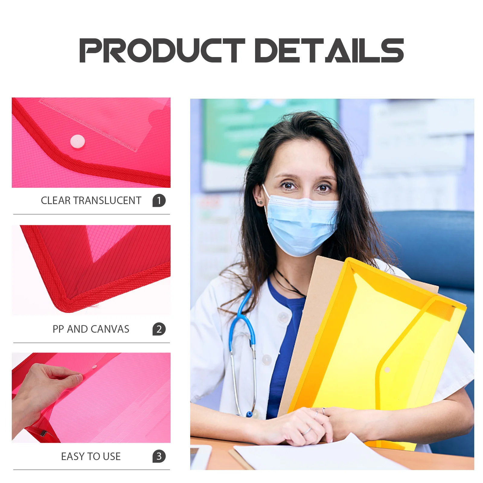 5 قطعة مجلد مستندات A4 تصميم مغلف بلاستيكي شفاف زر إغلاق للتخزين الآمن وتنظيم الملف المحمول