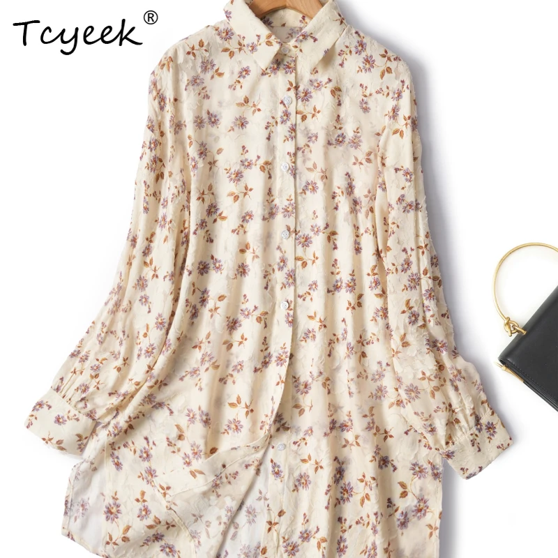 

Tcyeek 100% Mulberry Silk Spring Summer Polo Collar Loose Floral Long Sleeved Sunscreen Mid To Long Length Women's Shirts 여름옷