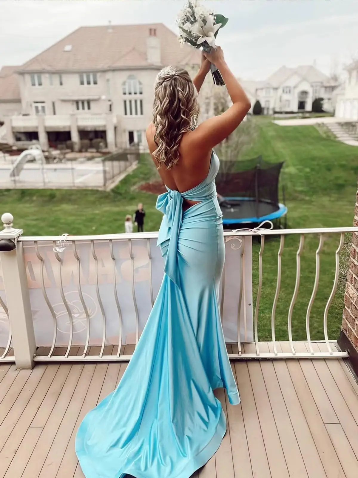 Halter Mermaid Satin Prom Dress with Bow on Back V Neck Backless Formal Evening Gowns