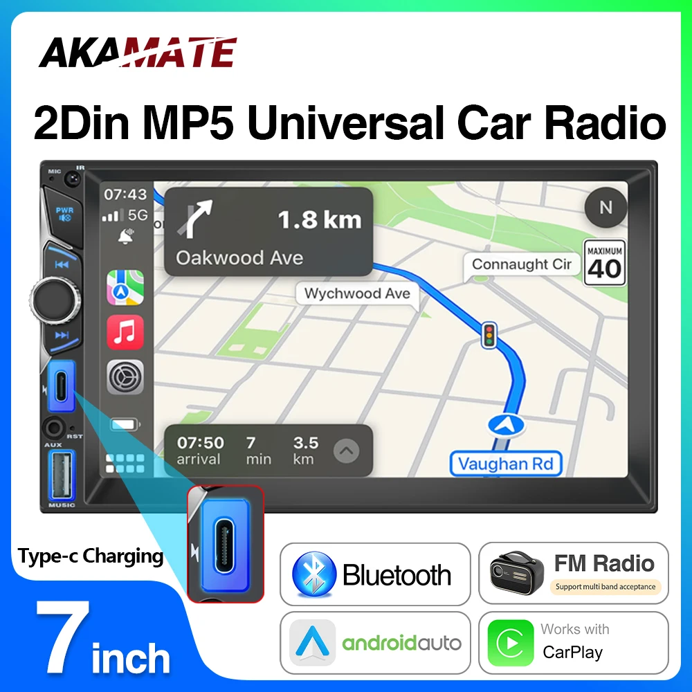 

Автомагнитола с CarPlay и Android Auto, 7-дюймовый мультимедийный плеер MP5, автомобильная стереосистема с FM, USB, AUX, Bluetooth, эквалайзером, системой Wince, зарядкой Type-C