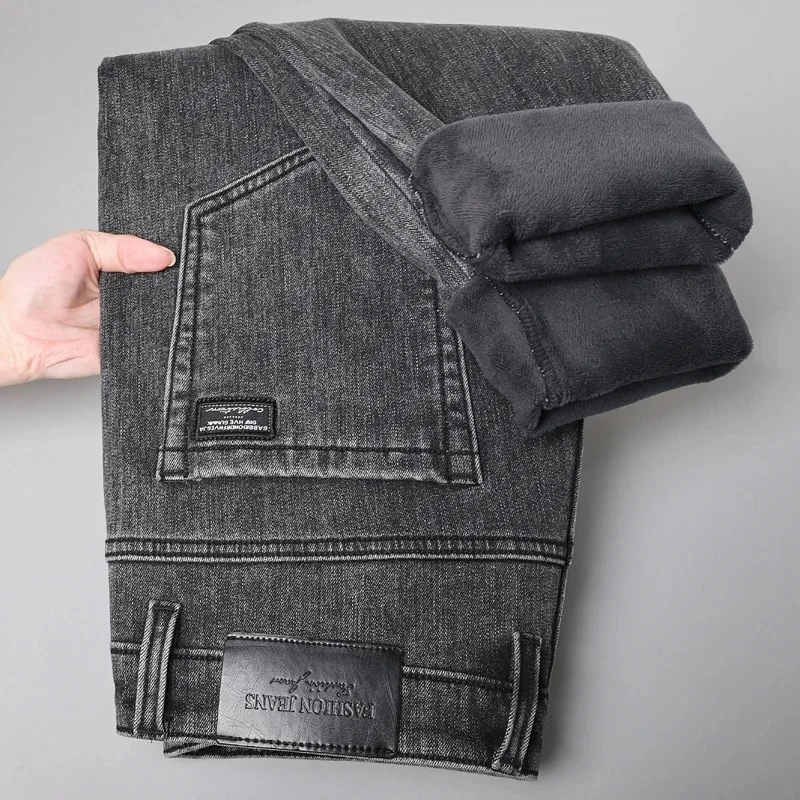 Popular Men's Winter Fleece Jeans Slim Fit Stretch Multi-pocket Denim Trousers Business Warm Thickened Casual Pants Black Gray