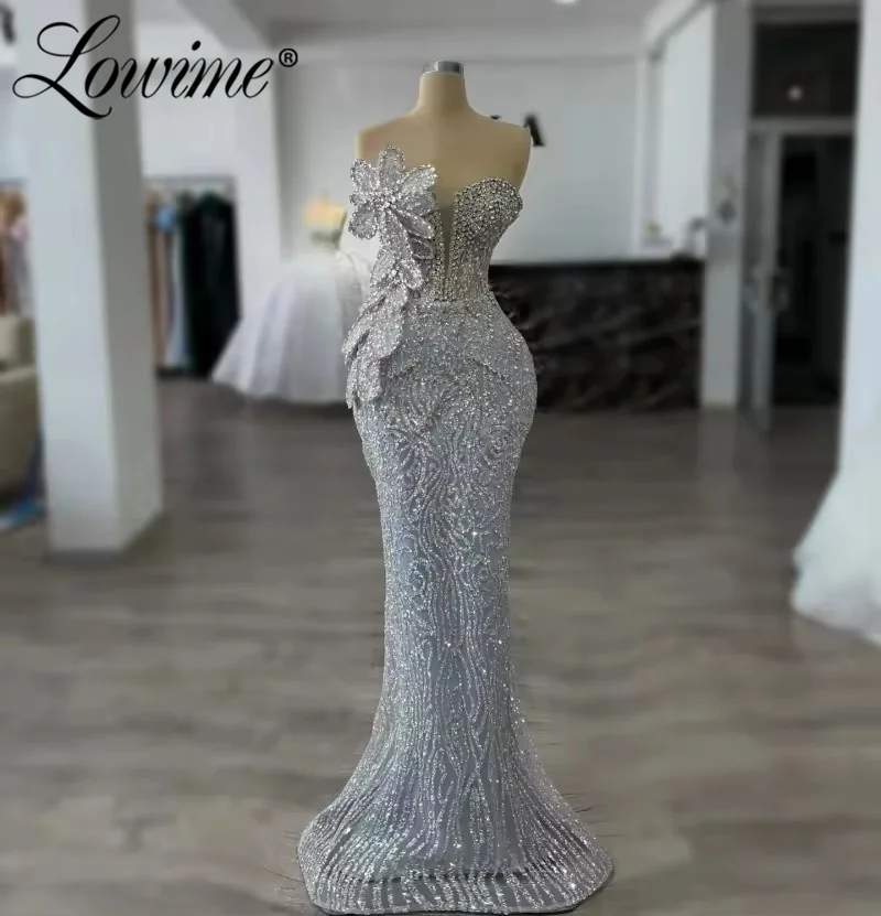 

Glitter Silver Sequins Party Dresses Customized 3D Flowers Prom Dress Women Cocktail Gowns Crystal Rhinestones Evening Dresses