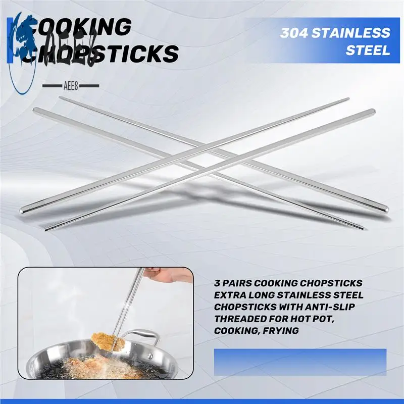 

AEE8-3 Pairs Cooking Chopsticks Extra Long Stainless Steel Chopsticks With Anti-Slip Threaded For Hot Pot, Cooking, Frying