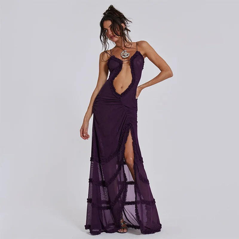 Robe longue fendue dos nu pour femmes, design de vêtements d'été, fibrplissée, évidée, mince, sexy, plage, vacances