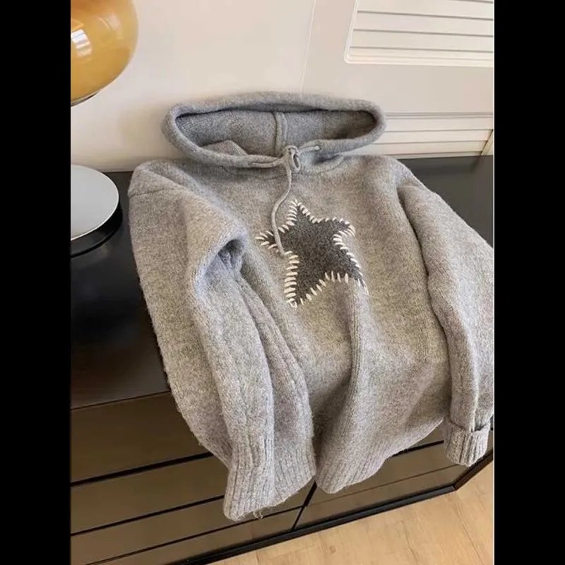 

Мужская толстовка свободного кроя из трикотажа, 300 г/м², в стиле ретро, с вышитым звездным узором, весенняя, в американском стиле casual.