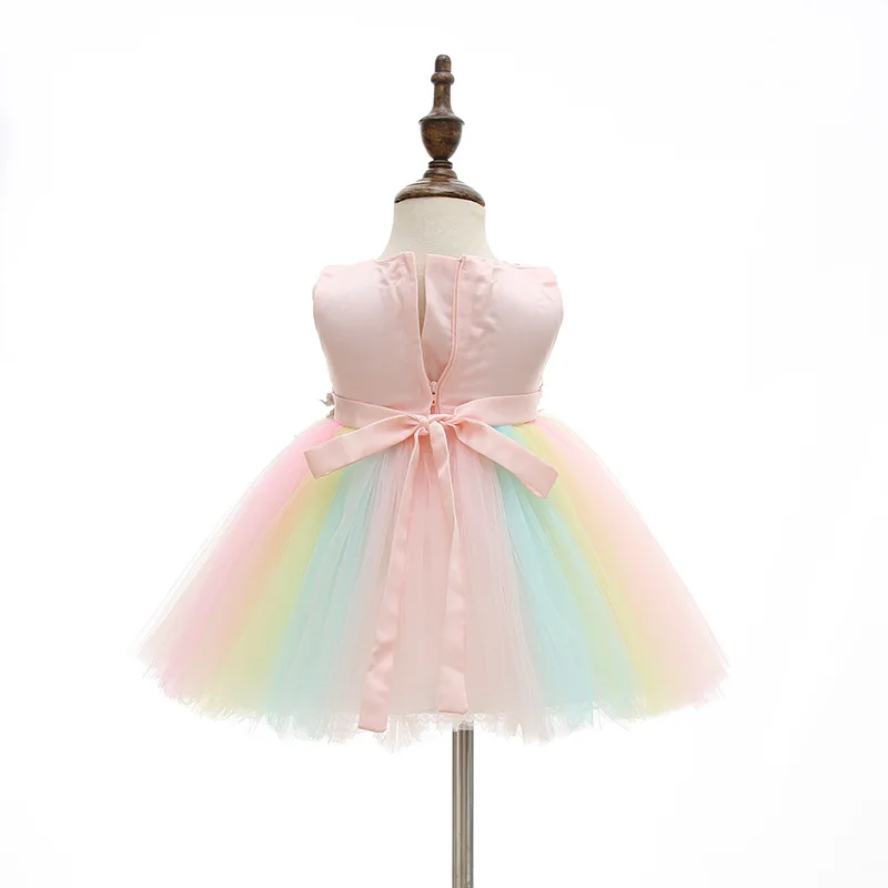 Rainbow Floral Dress Baby Girl Birthday Pink Weddings Vestido Christmas Gowns 0-24Month Baby Clothes OBF204008