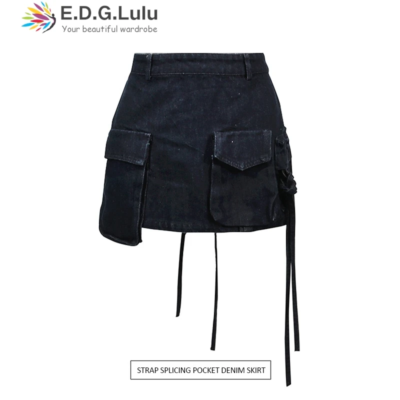 

EDGLuLu Fashion Casual Street 2025 New Irregular Lace Up Low Waist Short Skirt Multi Pocket Black Denim Mini Skirt 0808