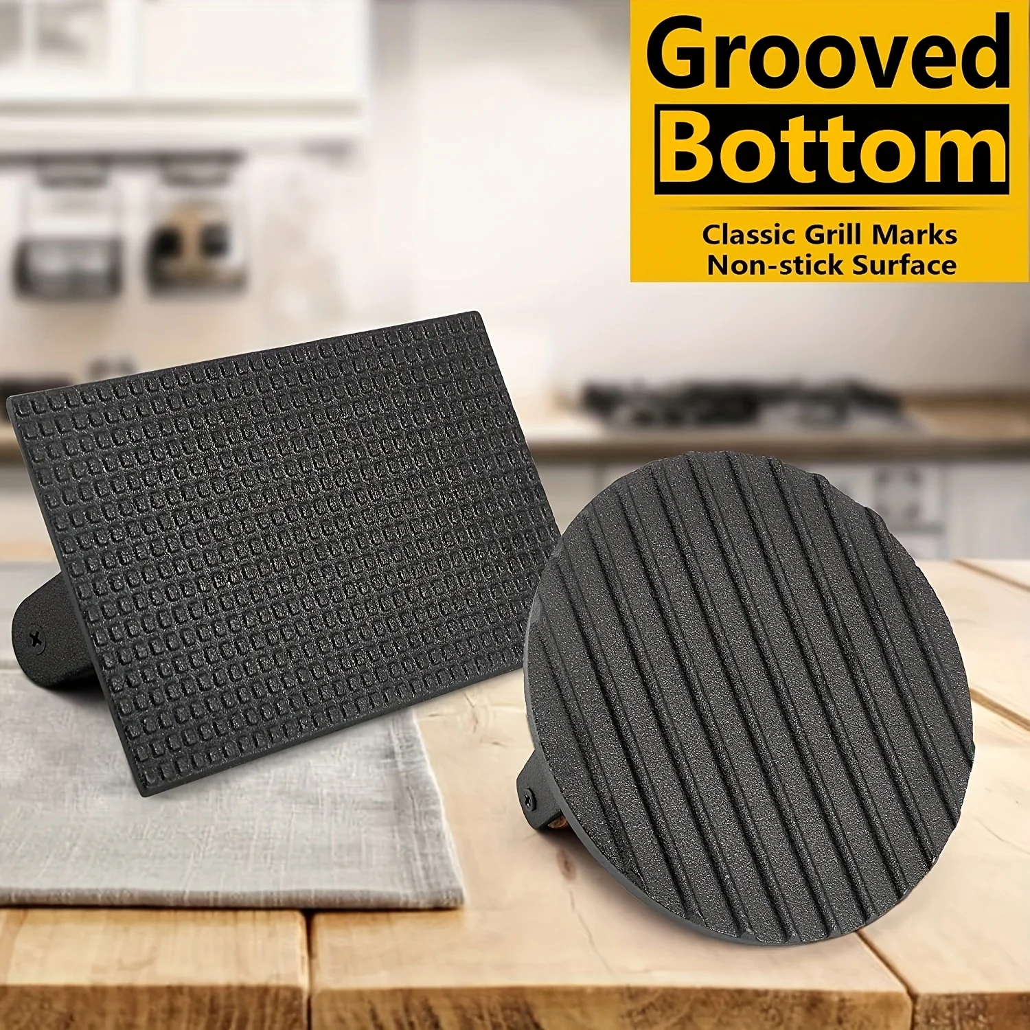 1 مكبس شواية حديدية، مكبس شواية مستدير من الحديد الزهر، مناسب للشوايات المسطحة، مكبس همبرغر مستطيل، مكبس طعام شريحة لحم #3